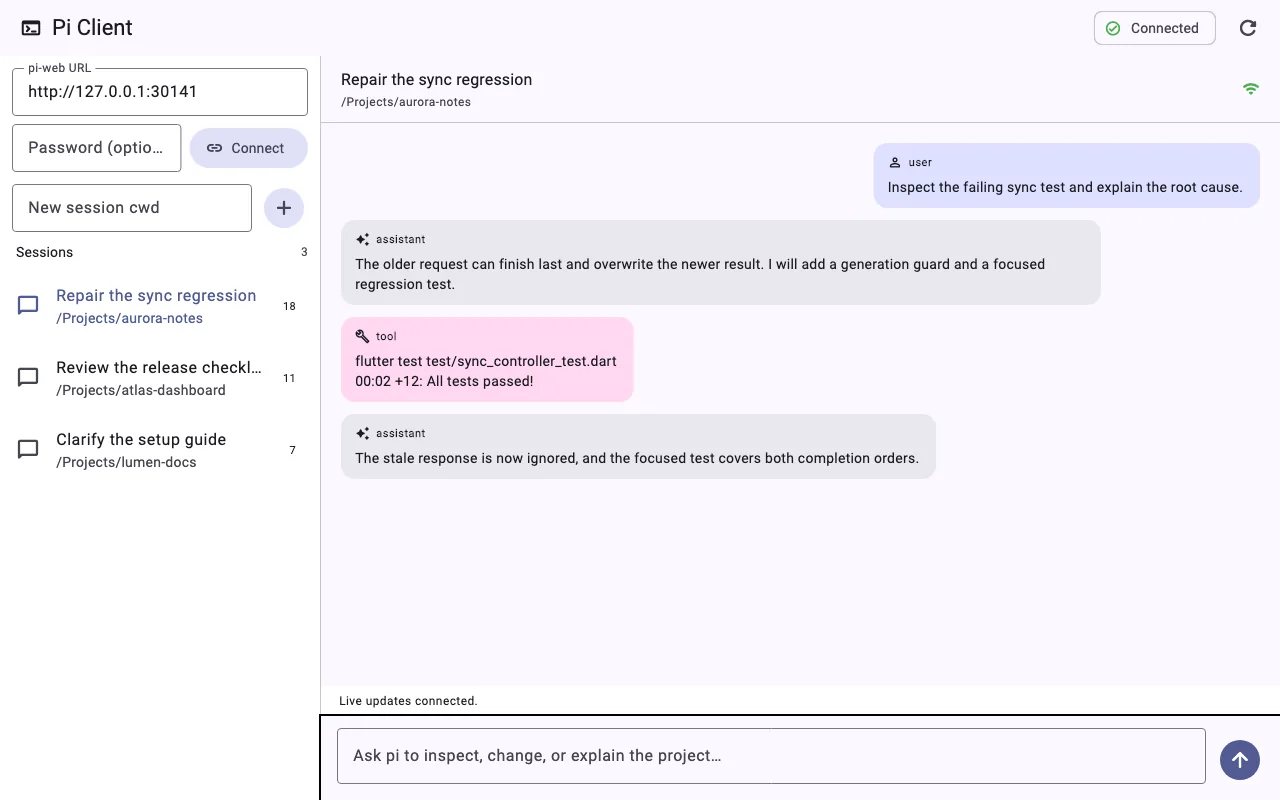 Pi Client window showing synthetic sessions and a sanitized coding-agent conversation.